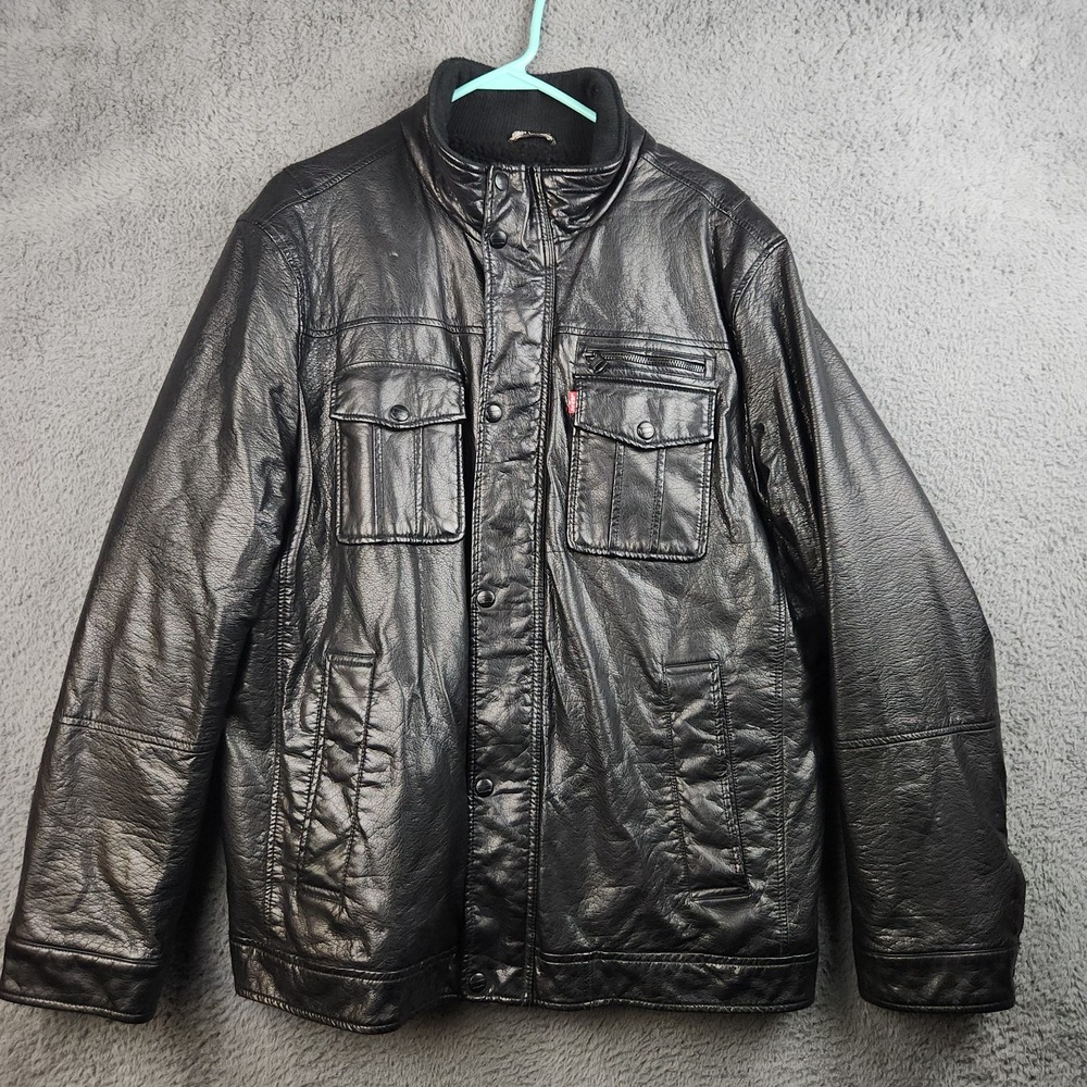 Levi's Faux Leather Trucker Sherpa Lined Jacket Mens Large Black Riding Biker